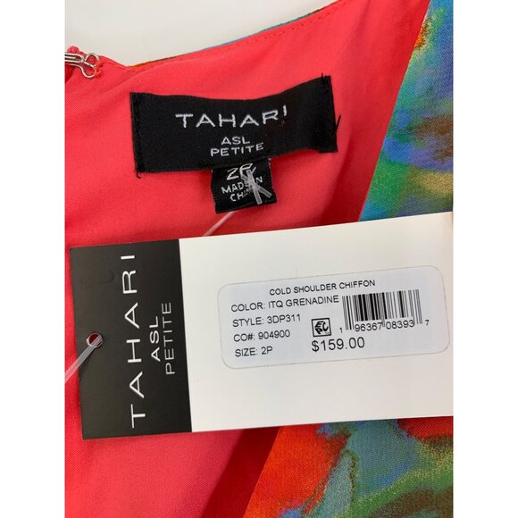 Tahari 2P Cold Shoulder Chiffon Floral Dress Ruffle High Low RDD10669 NWT - Picture 2 of 11